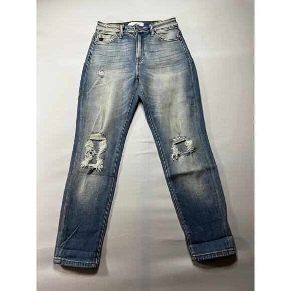 KanCan Women's Light Wash Distressed Tapered Leg Blue Jeans - Size 1 (24x27.5) - Picture 1 of 7